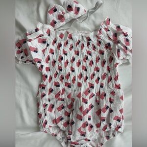 Baby Girls White Off-Shoulder Romper with Red & Blue Flag Print